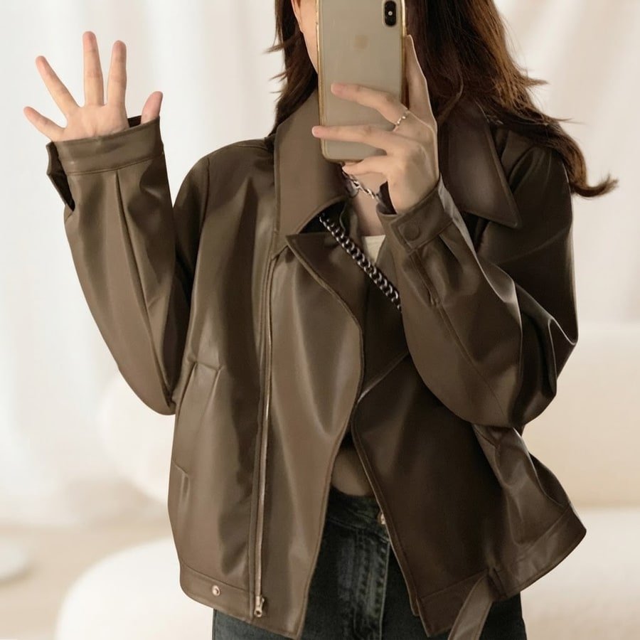 レディース トップス ジャケット 長袖 ゆったり 秋冬 秋 体型カバー 大きいサイズ ショート 冬 レザー 襟付き ストリート カフェ ストレッチ レギュラー ポリエステル