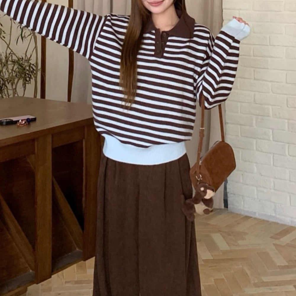 レディース トップス ニット セーター プルオーバー ミディアム 長袖 ポロカラー ボタン 大人可愛い シンプル カジュアル おしゃれ レトロ こなれ感 存在感 カレッジ風 学生風 ベーシック アクティブ ナチュラル ボーダー 秋 冬 通勤 学生 学校 通学 部活 デート お出かけ アウトドア キャンプ イベント 旅行 公園 女子会 休日 ショッピング ライブ お花見 楽ちん 普段使い トレンド 定番 フリーサイズ 茶色 秋カラー ブラウン ライトブルー