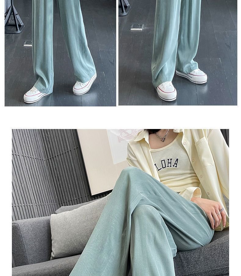 レディース パンツ 無地 ワイド 夏 秋冬 カジュアル 秋 シンプル 冬 ロング ストレート 薄手 カーキ ドレープ サテン ハイウエスト ポリエステル
