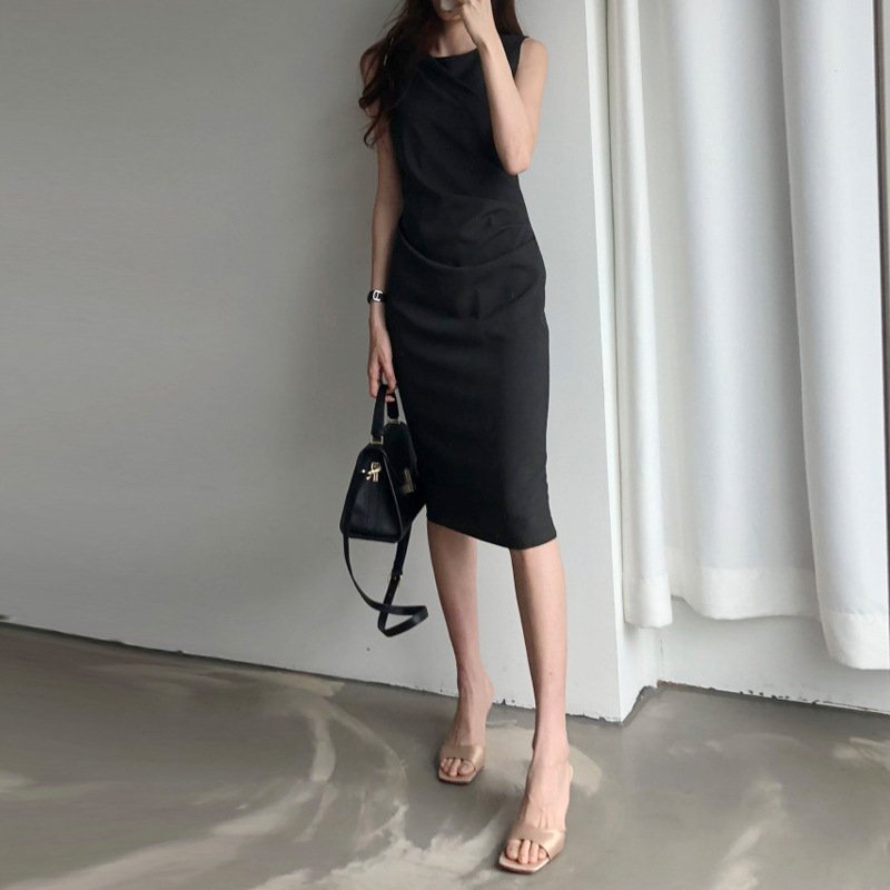 ワンピース ノースリーブ 無地 スリム 春夏 きれいめ 袖なし 春 夏 ラウンドネック シンプル ミモレ 上品 ストレート