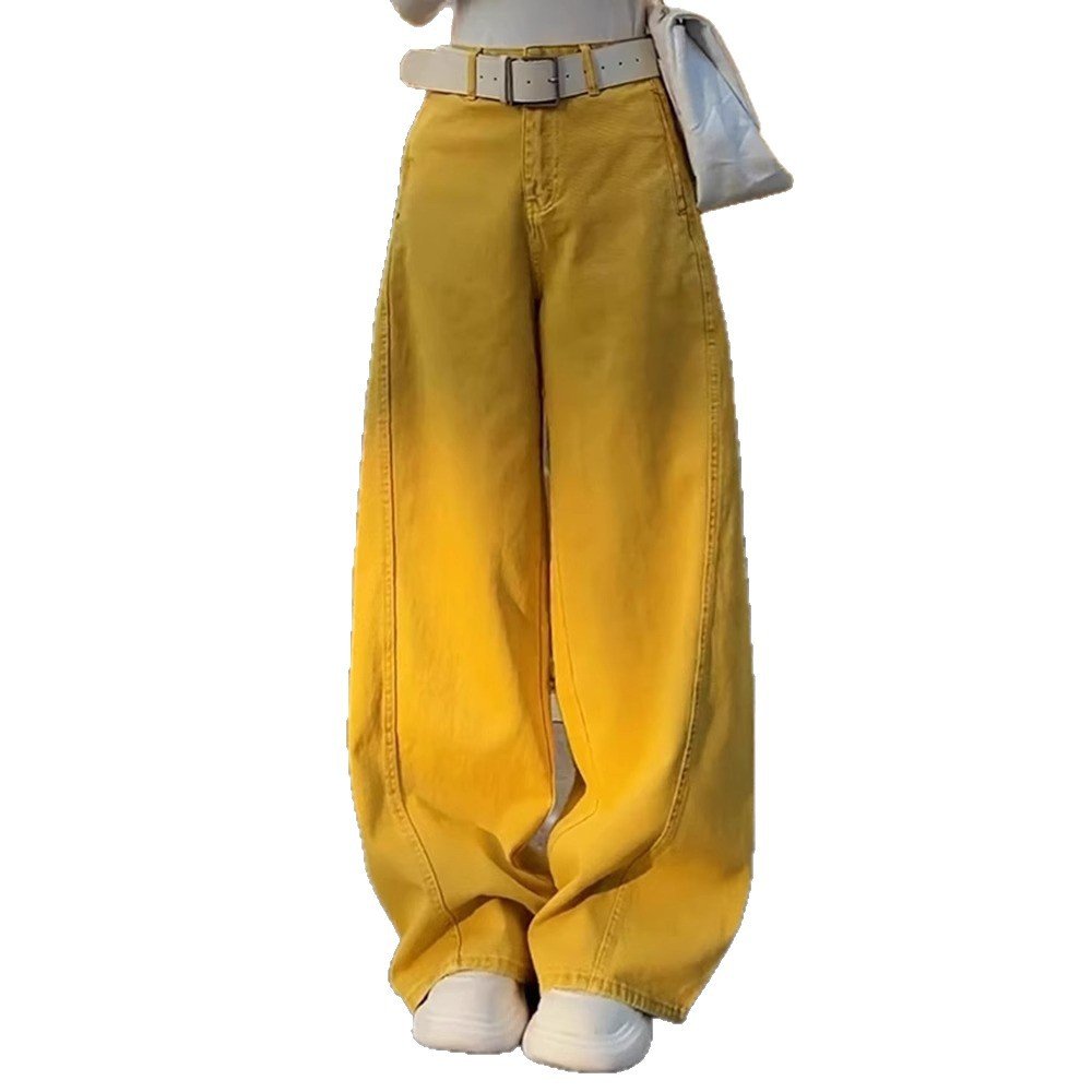 レディース パンツ ゆったり ワイド デニム 秋冬 秋 カジュアル レトロ 冬 ベルト ワイドパンツ 黄色 デニムパンツ