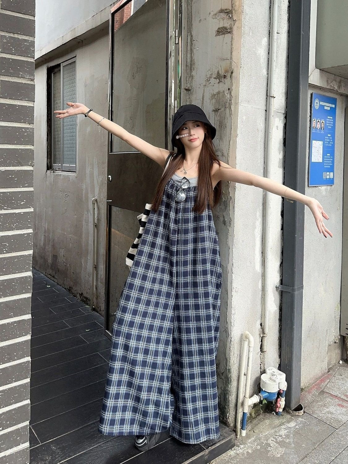 パンツ チェック柄 ゆったり ワイド 春夏 レトロ 体型カバー ミニ 春 夏 ロング サロペット フェミニン オールインワン