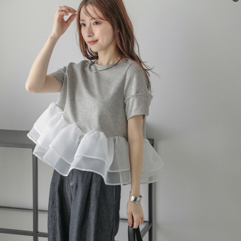 レディース Tシャツ ニット 半袖 無地 ゆったり 春夏 カジュアル 体型カバー 春 フレア 夏 ラウンドネック シンプル パフスリーブ シャツ ポリエステル