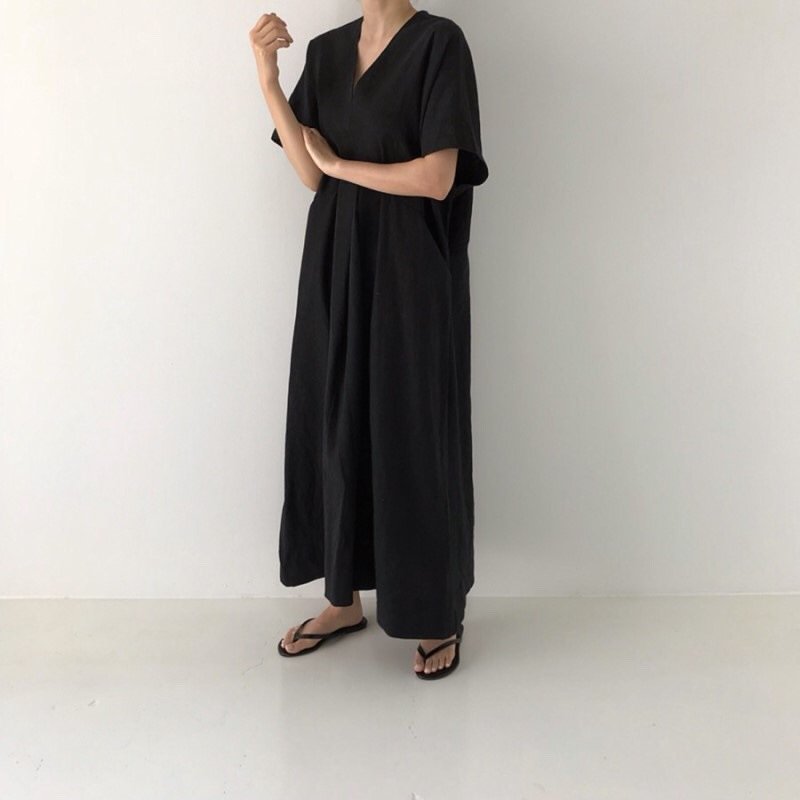 ドレス 半袖 無地 春夏 Vネック 春 夏 シンプル ロング 大きい