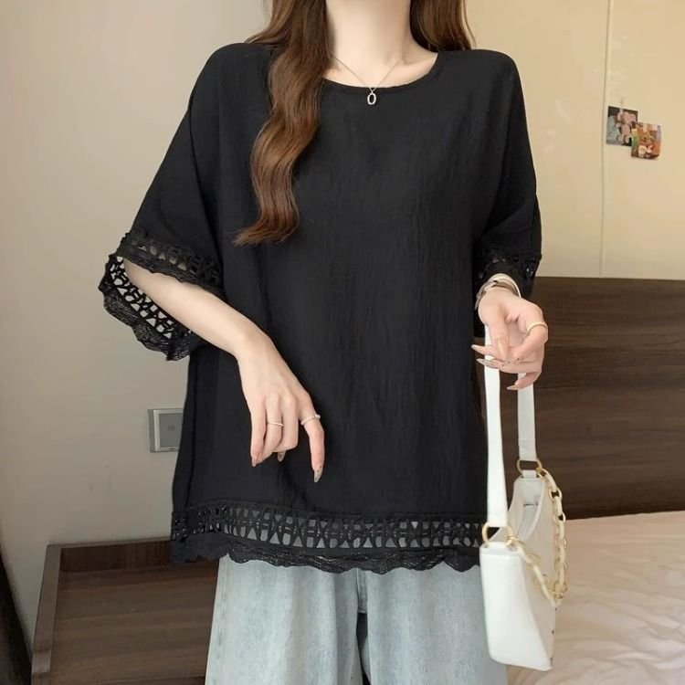 トップス 半袖 無地 ゆったり 春夏 カジュアル 大きいサイズ 春 夏 ラウンドネック レース シンプル ミモレ ポリエステル