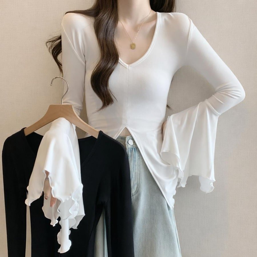 レディース Tシャツ 長袖 無地 スリム 春 秋冬 カジュアル 春夏 Vネック 膝丈 秋 シンプル 冬 シャツ 切り替えデザイン