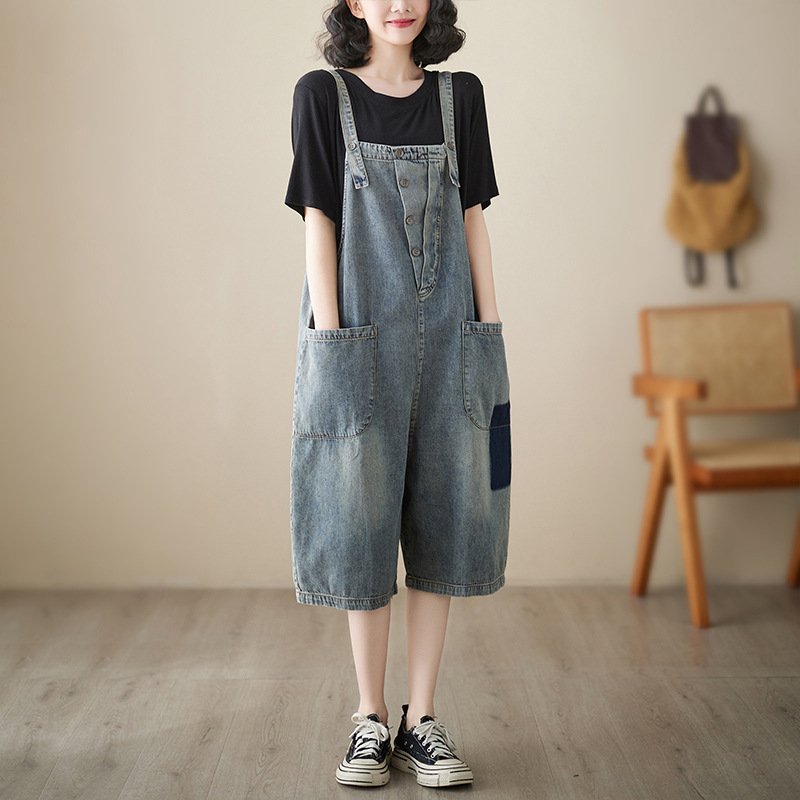 レディース パンツ ゆったり スリム デニム 春夏 カジュアル 着回し 大きいサイズ 春 夏 シンプル おしゃれ ハーフ サロペット ハイウエスト ポリエステル