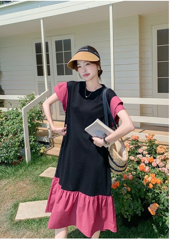 ワンピース ドレス 半袖 無地 春夏 きれいめ 通勤 春 夏 ラウンドネック シンプル ロング タイト 大きい フレア フレンチスリーブ 切り替えデザイン 細身 Aライン