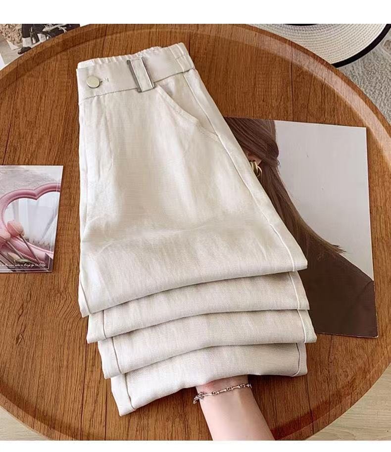 レディース パンツ リネン 春夏 カジュアル きれいめ 春 夏 ストレートパンツ 上品 ストレート 9分丈 薄手 ハイウエスト 伸縮性 ポリエステル