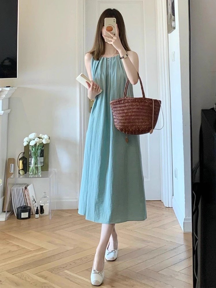 ワンピース ノースリーブ 無地 夏 春夏 袖なし ラウンドネック シンプル ロング