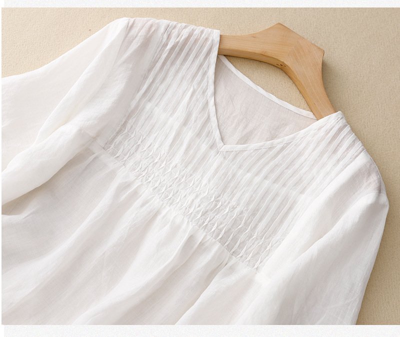 レディース シャツ Tシャツ 長袖 無地 ゆったり コットン 綿 麻 夏 きれいめ 通勤 体型カバー 春夏 前開き Vネック シンプル