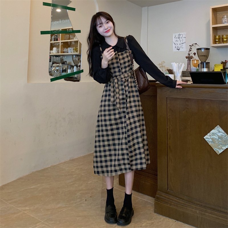 ワンピース 長袖 チェック柄 春 秋 レトロ 春夏 ぽっちゃり 襟付き
