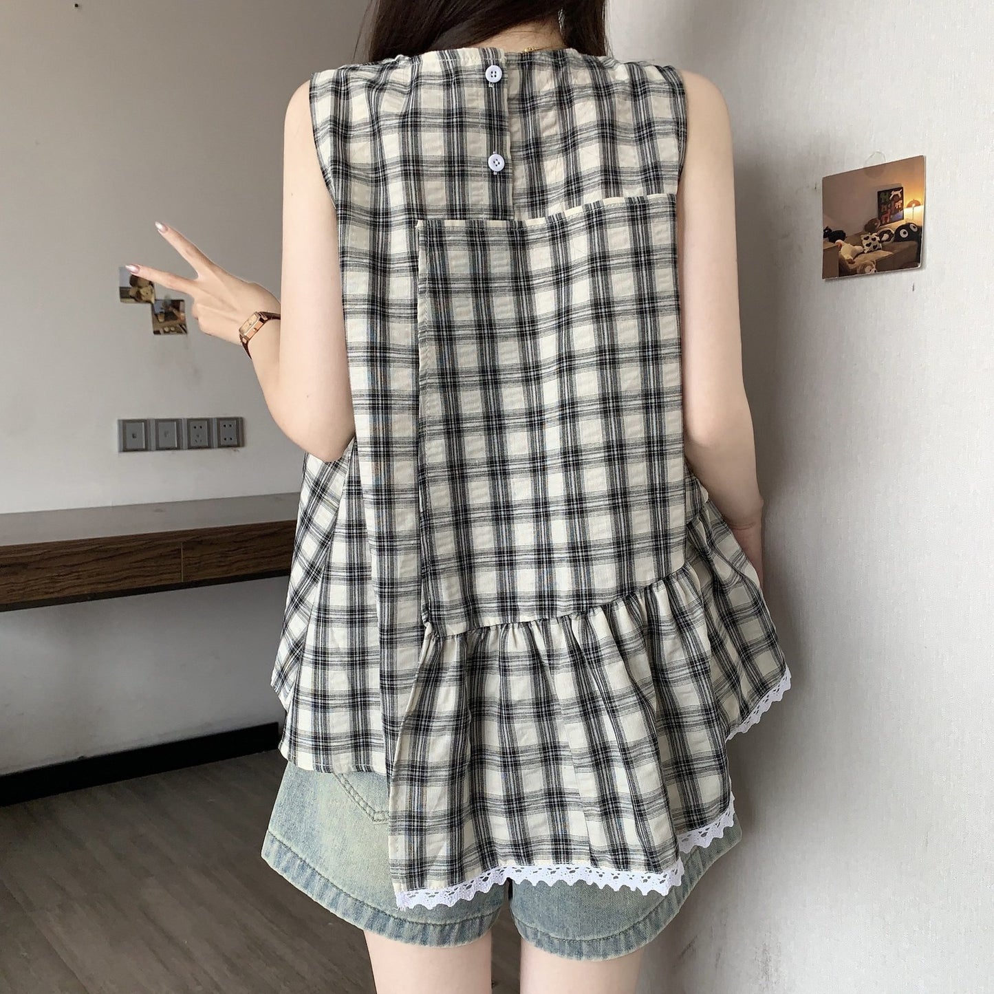 レディース シャツ チェック柄 春夏 きれいめ 大きいサイズ 前開き 春 夏 レース 上品 フリル Aライン レギュラー ポリエステル