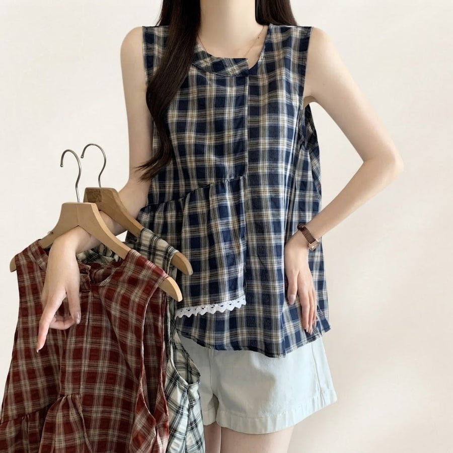 レディース シャツ チェック柄 春夏 きれいめ 大きいサイズ 前開き 春 夏 レース 上品 フリル Aライン レギュラー ポリエステル