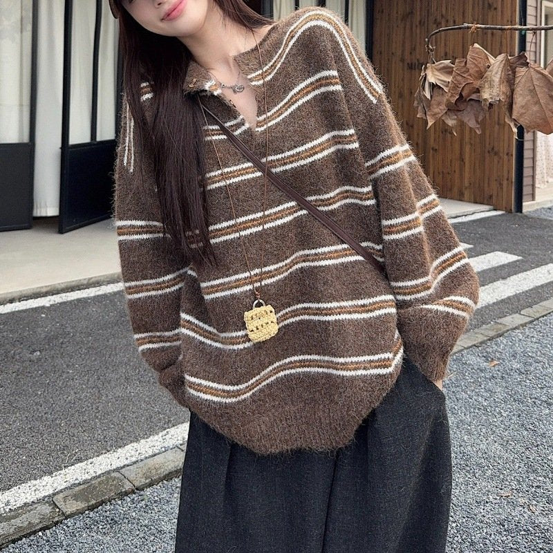 レディース ニット 長袖 ボーダー ストライプ チェック柄 ゆったり 秋冬 秋 ミニ 膝丈 冬 セーター ゆる プルオーバー 襟付き バイカラー フェミニン タイ ポリエステル