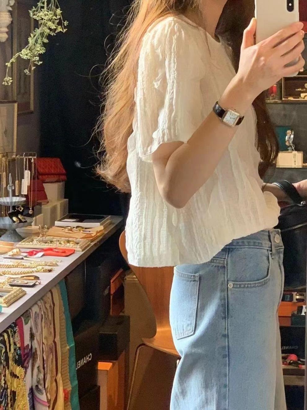 レディース シャツ トップス 無地 ゆったり 春夏 カジュアル きれいめ 韓国風 前開き 春 ショート 夏 ラウンドネック シンプル 上品 切り替えデザイン タイ ポリエステル