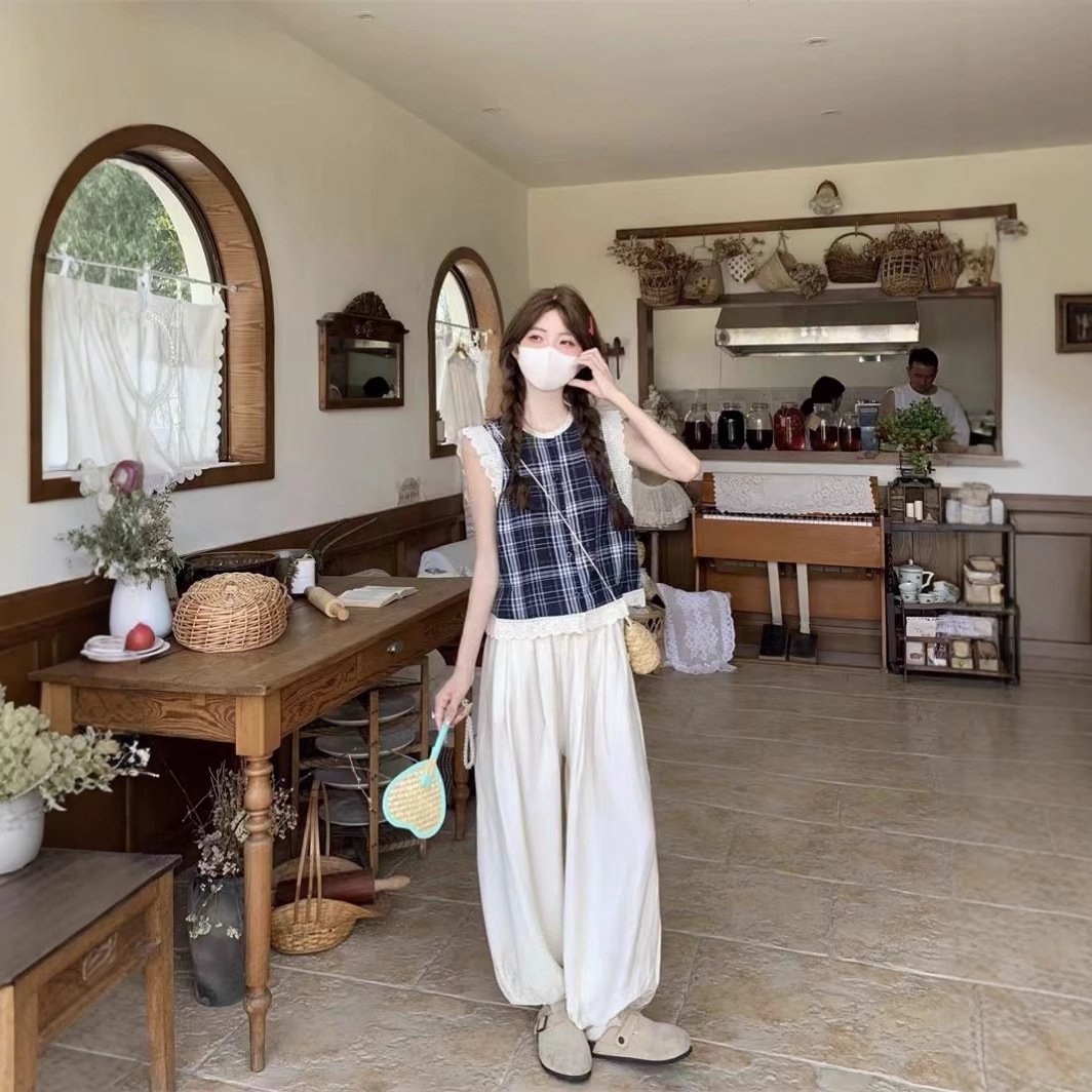 レディース ブラウス シャツ トップス ノースリーブ チェック柄 ゆったり 春夏 レトロ 前開き 袖なし 春 夏 膝丈 ラウンドネック レース 切り替えデザイン ベスト