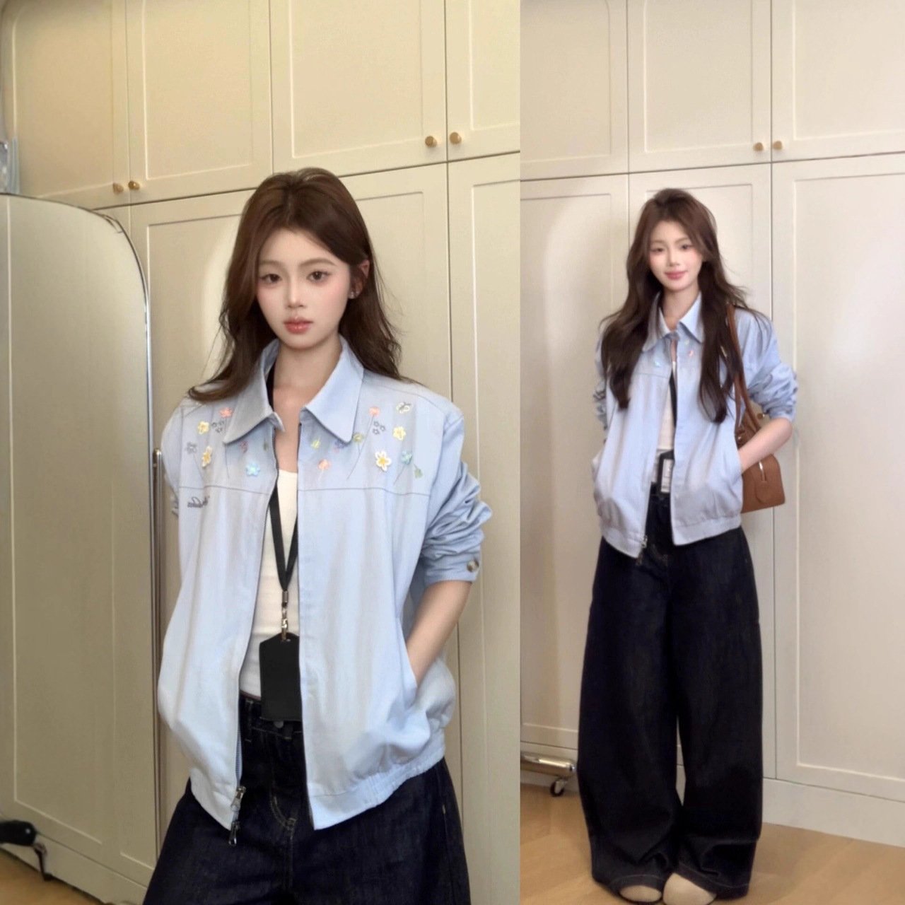 レディース トップス ジャケット 長袖 花柄 ゆったり コットン 綿 秋冬 秋 カジュアル 体型カバー ショート 膝丈 冬 刺繍 襟付き ブルー アウター ポリエステル