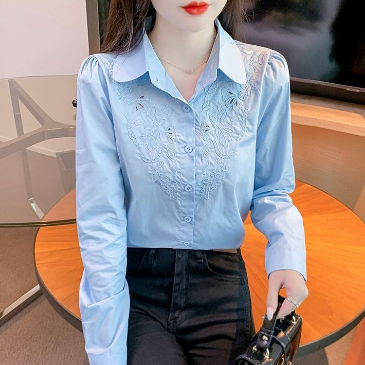 レディース トップス シャツ ブラウス カッターシャツ 長袖 襟付き 丸襟 刺繍 前開き コンサバ ボタン きれいめ シンプル 上品 おしゃれ こなれ感 クール エレガント フォーマル ラブリー キュート クラシカル カレッジ風 学生風 ベーシック ナチュラル 春 秋 入学式 入園式 卒業式 卒園式 ロングシーズン 授業参観 大会 会議 MTG ミーティング プレゼン オフィス ビジネス OL 通勤 学生 学校 通学 重ね着 普段使い 着回し レイヤード 定番 S M L XL 2XL 白 ホワイト 水色