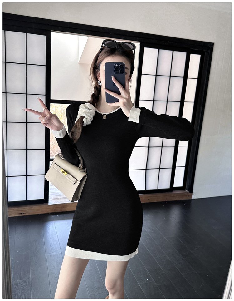 ワンピース ニット 長袖 スリム 春 秋 きれいめ 春夏 ラウンドネック 冬 ミモレ 上品 切り替えデザイン