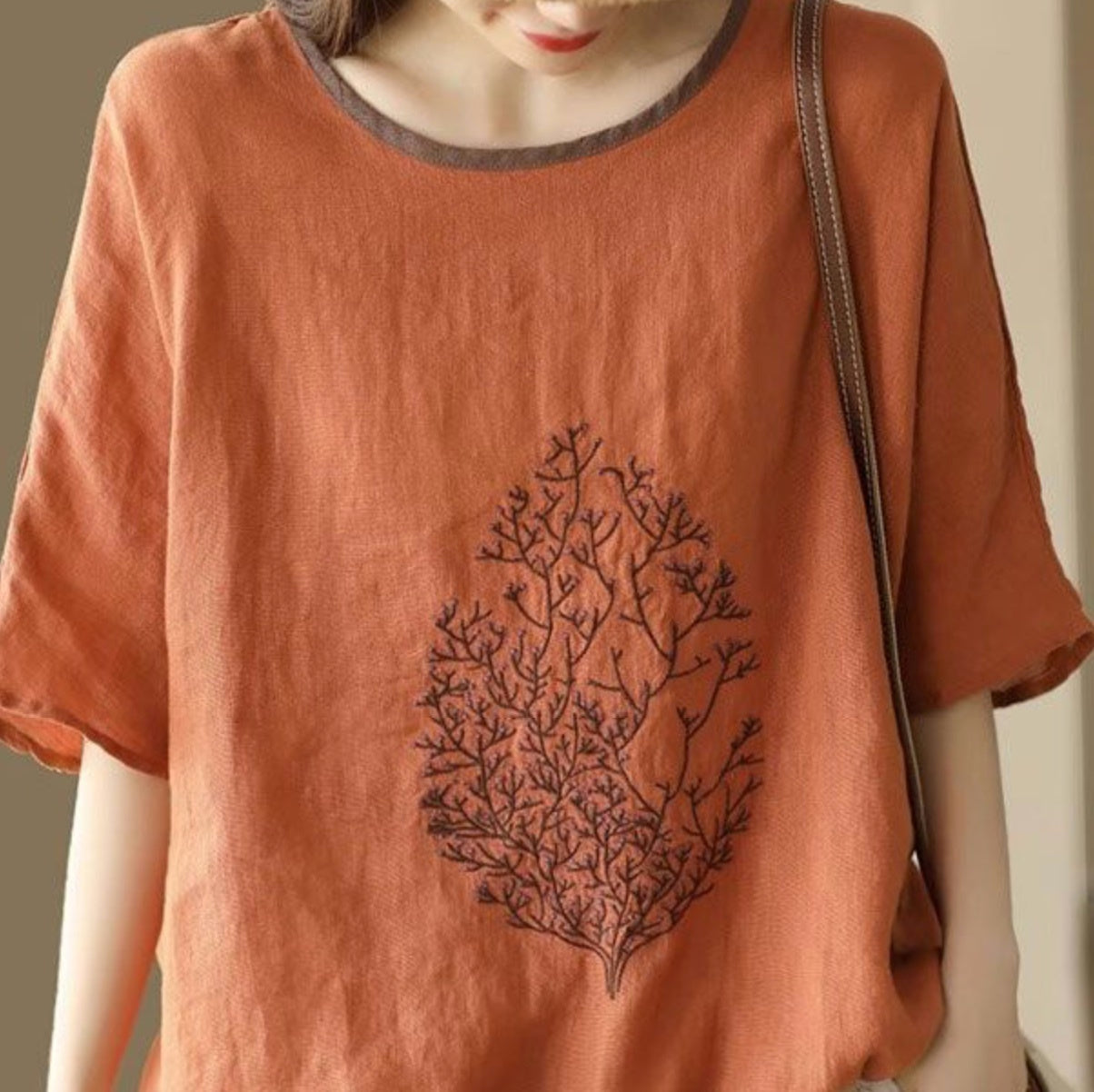 レディース トップス カットソー プルオーバー パイピング Tシャツ 半袖 ラウンドネック ストリート ハイウエスト ドロスト リネン 綿 コットン 麻 かわいい 大人可愛い きれいめ シンプル カジュアル おしゃれ レトロ プレッピー アクティブ ナチュラル リーフ ボタニカル 夏 お出かけ イベント リゾート 旅行 公園 女子会 休日 楽ちん 普段使い 着回し M L XL 2XL 3XL 4XL 小さいサイズ 大きいサイズ ビッグ ゆったり ゆる 茶色 ブラウン オフホワイト ベージュ オレンジ