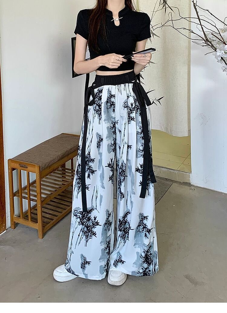 レディース パンツ プリント ワイド 春夏 カジュアル 春 夏 ロング ロングパンツ リボン ワイドパンツ ハイウエスト タイ ストレッチ ポリエステル