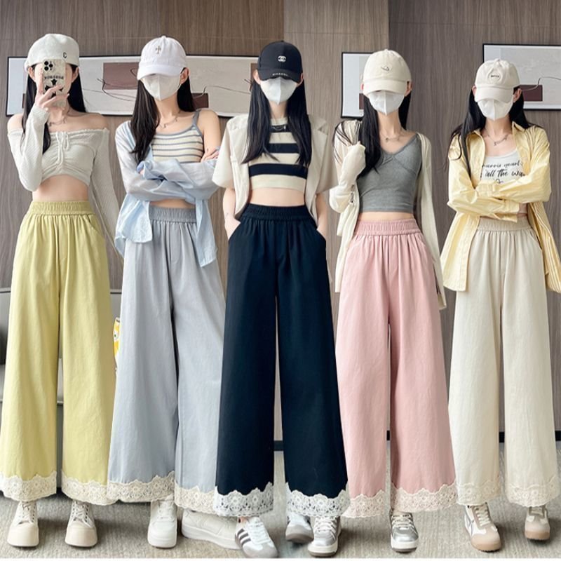 レディース パンツ ゆったり ワイド 春夏 カジュアル 春 夏 レース ストレートパンツ ストレート おしゃれ ハイウエスト ポリエステル 着痩せ