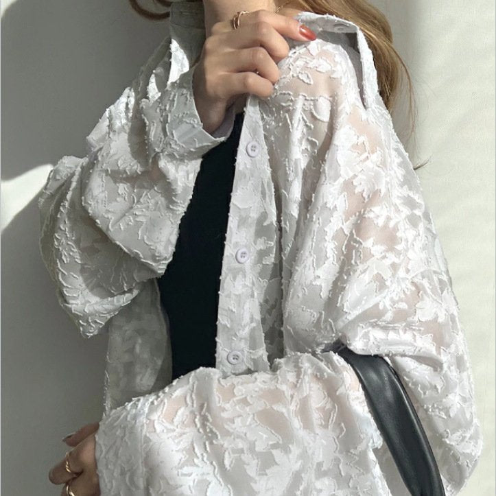 シャツ トップス 長袖 無地 春夏 きれいめ 旅行 前開き 春 夏 レース シンプル 上品 シフォン ビーチ タイ レギュラー ポリエステル