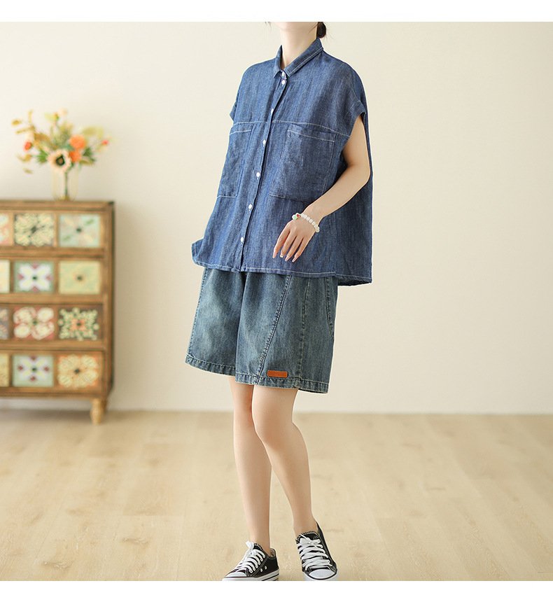 レディース シャツ ノースリーブ ゆったり デニム 夏 カジュアル 体型カバー 春夏 前開き 袖なし 切り替えデザイン 襟付き レギュラー ポリエステル