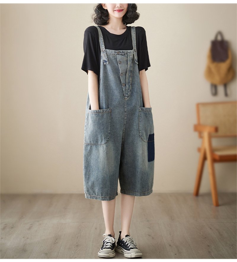 レディース パンツ ゆったり スリム デニム 春夏 カジュアル 着回し 大きいサイズ 春 夏 シンプル おしゃれ ハーフ サロペット ハイウエスト ポリエステル