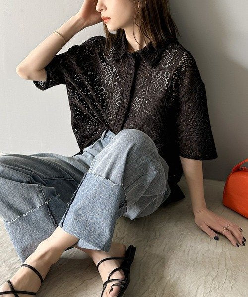 レディース シャツ ジャケット 半袖 チェック柄 ゆったり スリム 春夏 前開き 春 夏 レース タイ