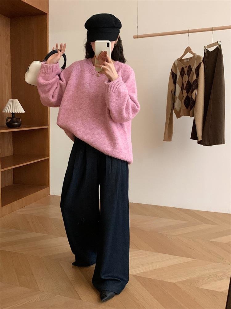 レディース トップス ニット 長袖 無地 ゆったり 秋冬 秋 体型カバー 大きいサイズ 膝丈 ラウンドネック シンプル 冬 上品 グレー ライトグレー ダークグレー 切り替えデザイン セーター ベージュ プルオーバー ピンク グリーン ポリエステル パープル