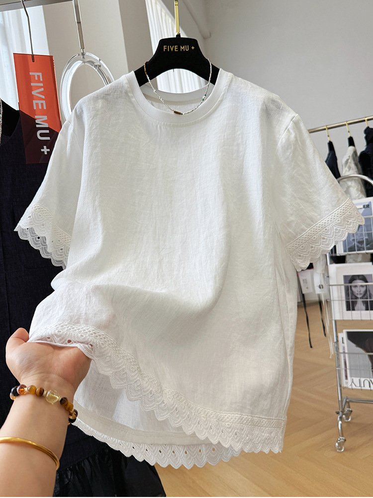 レディース トップス Tシャツ 半袖 プリント ゆったり リネン 春夏 カジュアル きれいめ 春 夏 膝丈 ラウンドネック レース 上品 シャツ 薄手