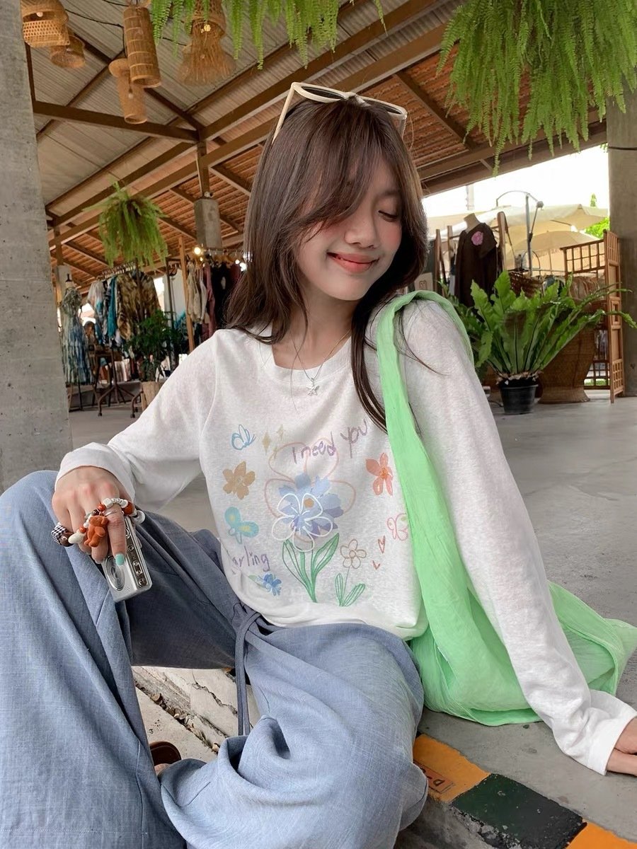 レディース シャツ Tシャツ 長袖 プリント ゆったり 春夏 きれいめ 通勤 オフィス 体型カバー 前開き 春 夏 ラウンドネック クルーネック インナー レギュラー ポリエステル UVカット