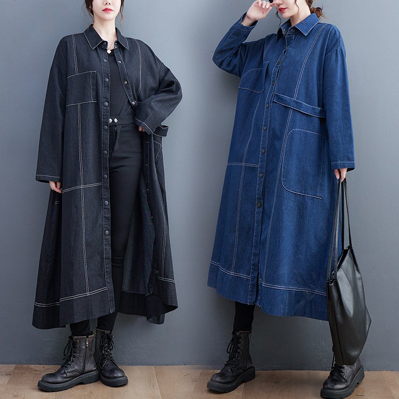 ジャケット 長袖 無地 ゆったり デニム 秋 体型カバー シンプル 上品 ロング バイカラー 着痩せ