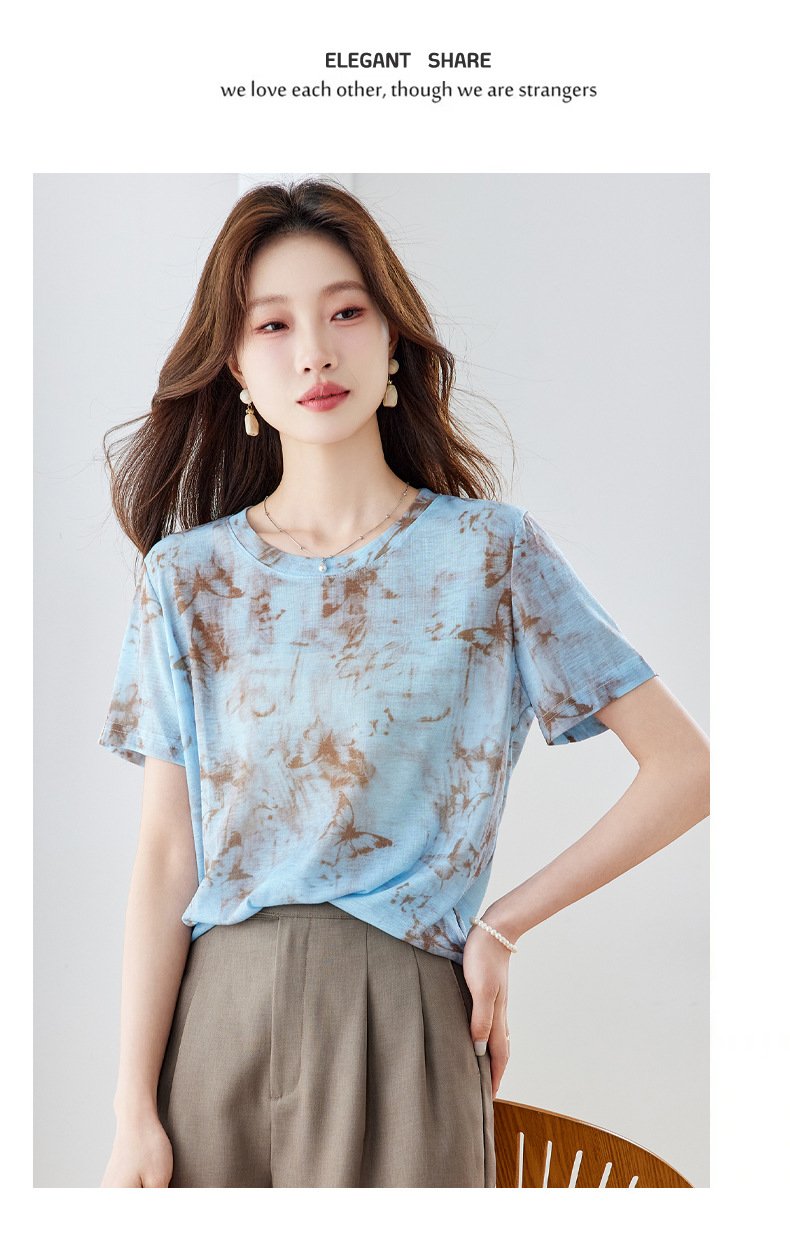 レディース トップス Tシャツ 半袖 プリント ゆったり スリム 春夏 きれいめ 春 夏 膝丈 ラウンドネック 上品 シャツ 切り替えデザイン タイ 丸首