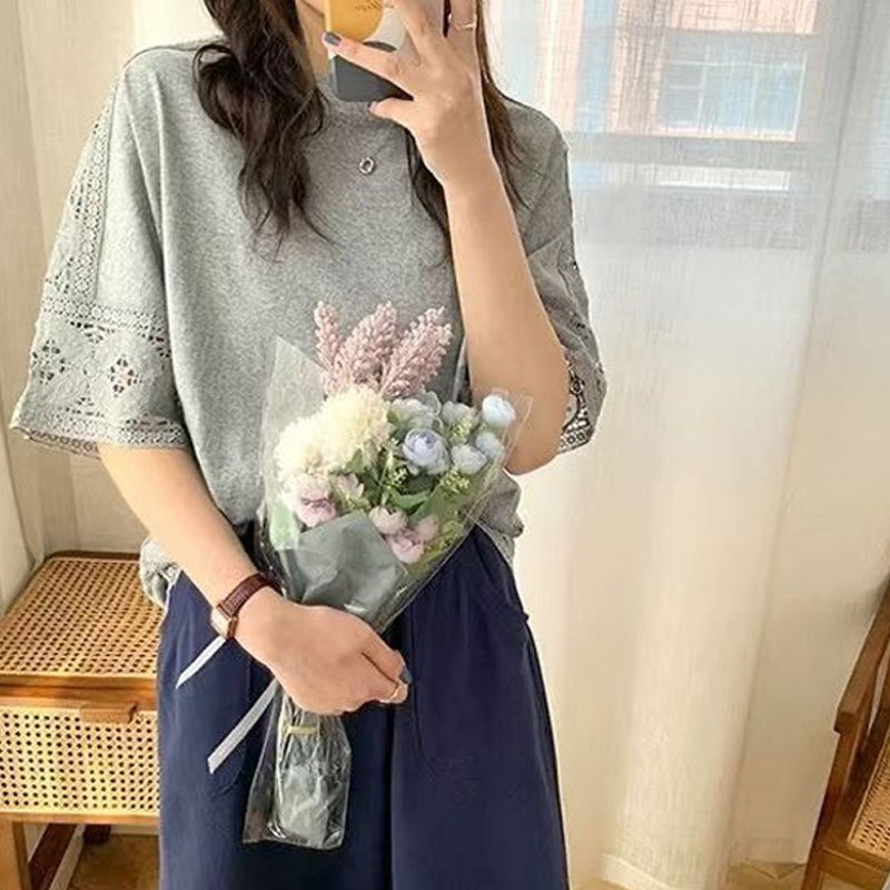 レディース トップス Tシャツ ボーダー ストライプ 無地 ゆったり コットン 綿 夏 秋冬 春夏 ホワイト ラウンドネック 秋 レース シンプル 冬 シャツ