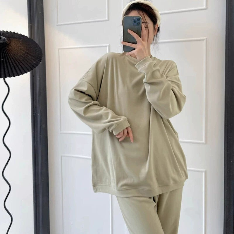 レディース トップス パンツ ボトムス ルームウェア パジャマ プルオーバー 部屋着 セットアップ 2点セット 上下セット 裏起毛 寝巻き ロング ミドル丈 長袖 ドロップショルダー ラウンドネック 襟なし ワイド オーバーサイズ  かわいい シンプル カジュアル ラフ こなれ感 ベーシック 無地 秋 冬 ママ お泊まり リゾート 旅行 休日 ホテル お家時間 楽ちん M L XL 2XL 大きいサイズ ゆったり ブラック ピンク ベーシックカラー