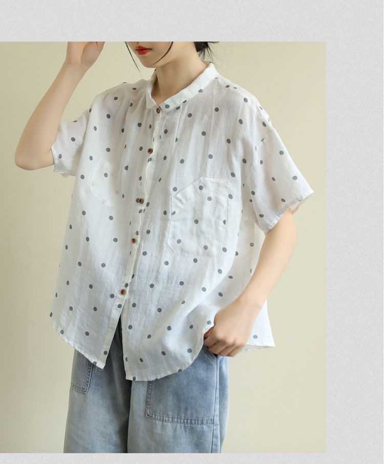 レディース シャツ トップス 半袖 ドット柄 ゆったり コットン 綿 リネン 春夏 体型カバー 大きいサイズ 前開き 春 夏 ボタン ポリエステル ドット