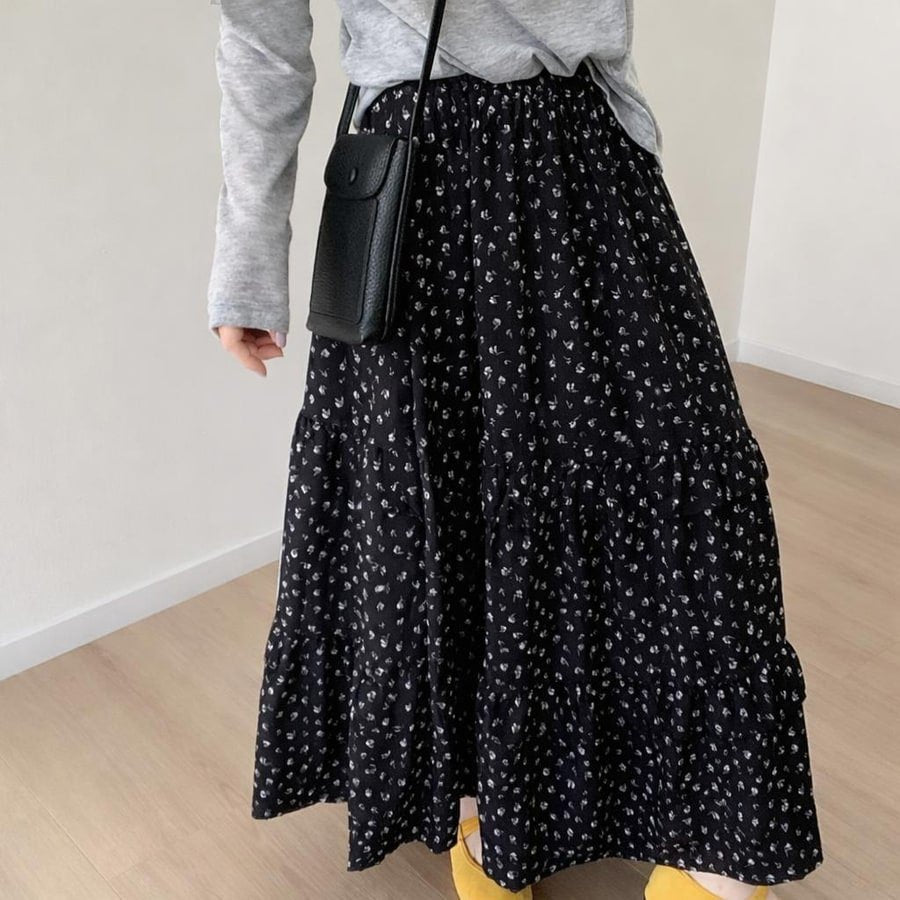 レディース スカート 花柄 スリム 春夏 ボトムス 春 夏 ブラック ロング Aライン ハイウエスト タイ