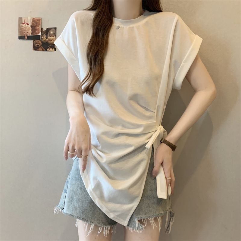 Tシャツ 半袖 ゆったり 春夏 カジュアル 春 夏 ラウンドネック レース ミモレ シャツ タイ レースアップ