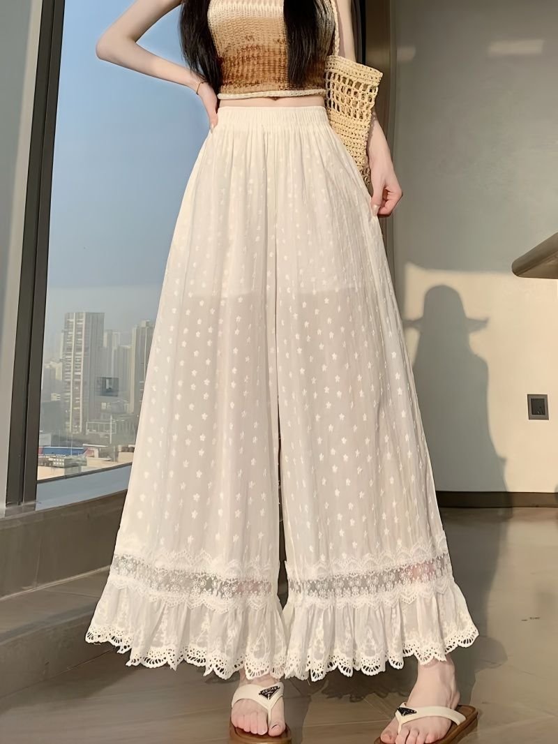 レディース パンツ ワイド スリム 春夏 カジュアル 春 白 夏 レース 刺繍 ストレート ワイドパンツ 薄手 切り替えデザイン ハイウエスト ポリエステル