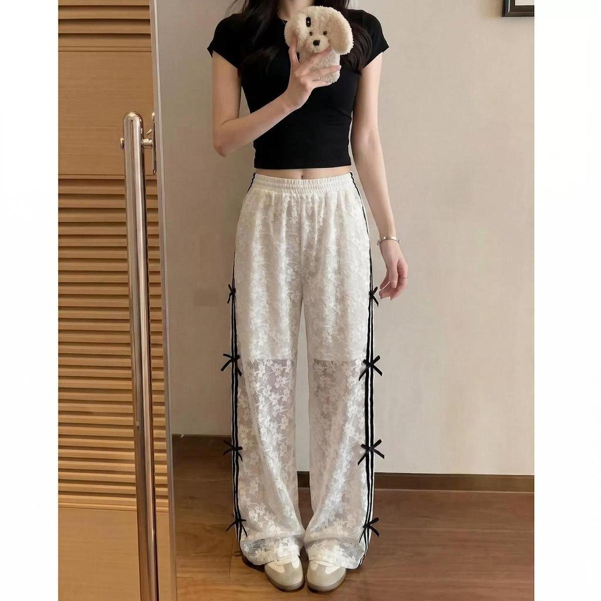 レディース パンツ スリム 春夏 カジュアル 春 白 夏 レース ストレートパンツ ロング ストレート 薄手 ハイウエスト 蝶 ポリエステル