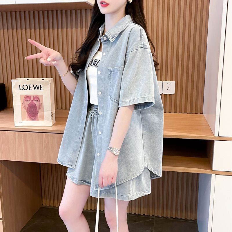 シャツ パンツ ゆったり デニム 春夏 カジュアル 大きいサイズ 前開き 春 夏 ハーフ セットアップ ポリエステル