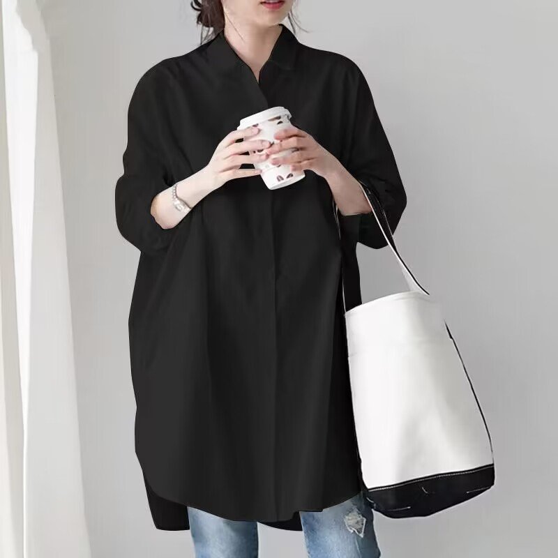 レディース シャツ 長袖 無地 ゆったり 春 きれいめ 通勤 体型カバー 春夏 前開き シンプル 上品 ロング 襟付き