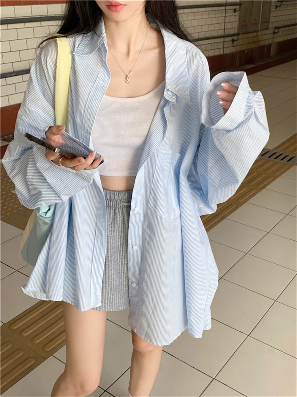 レディース シャツ カーディガン コート 長袖 ボーダー ストライプ ゆったり 春夏 カジュアル 前開き 春 夏 ロング 切り替えデザイン ポリエステル
