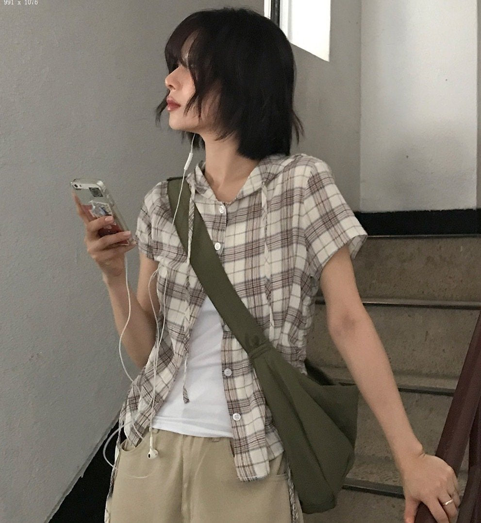 シャツ 半袖 チェック柄 コットン 綿 春夏 カジュアル きれいめ 通勤 オフィス 前開き Vネック 春 夏 レース 上品 カーキ フード ネイビー レースアップ グリーン ボタン ギャザー