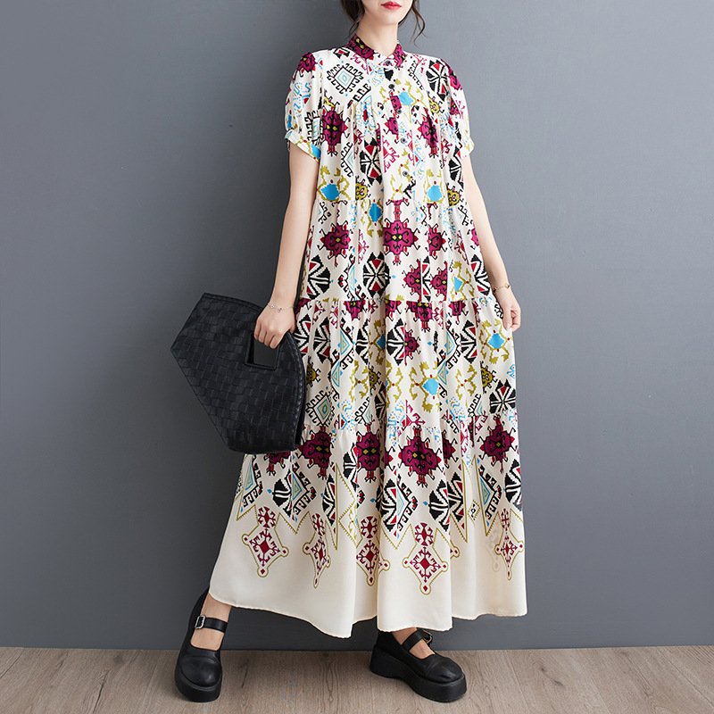 ワンピース 半袖 夏 カジュアル 春夏 ラウンドネック 上品 大きい ポリエステル ゆったり