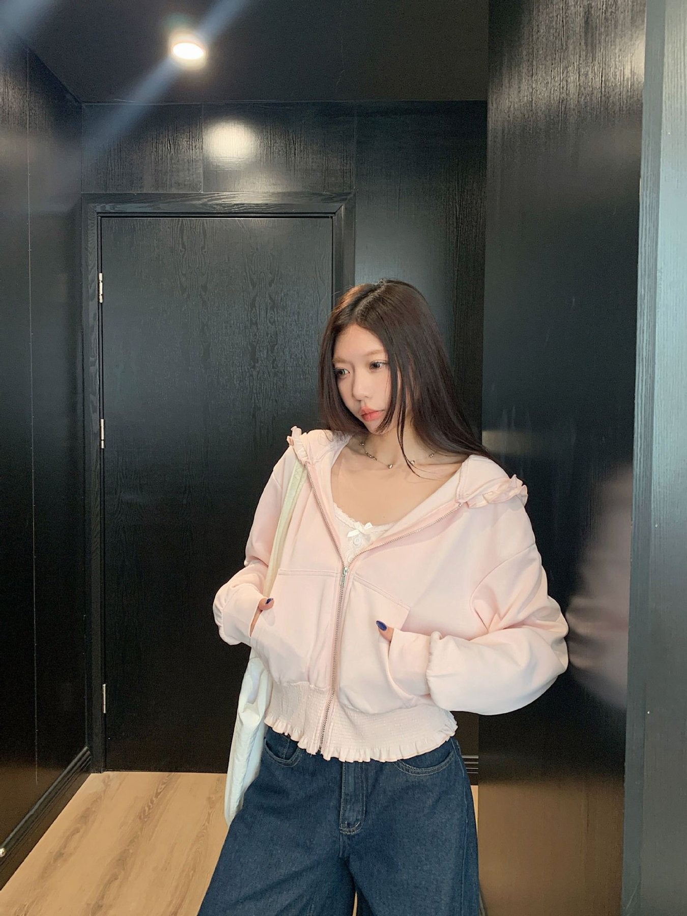 レディース トップス パーカー 長袖 無地 ゆったり 春夏 きれいめ 体型カバー 春 ショート 夏 シンプル 上品 フリル ラフ ピンク フード