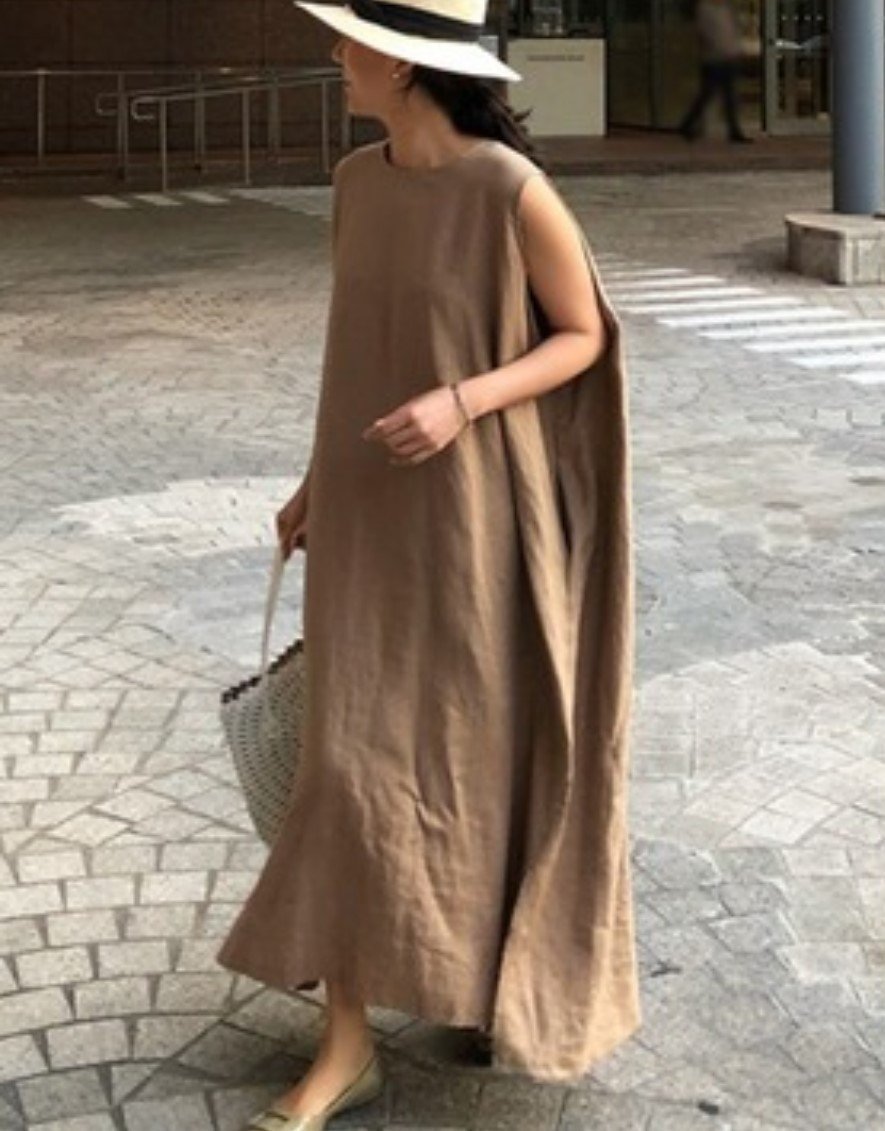 ワンピース ノースリーブ 無地 春夏 カジュアル きれいめ 通勤 袖なし 春 夏 ラウンドネック シンプル ロング 切り替えデザイン